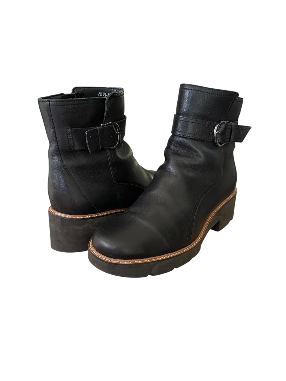NATURALIZER Dasha Black Leather Moto Ankle Boots 9.5W Lug Sole Buckle